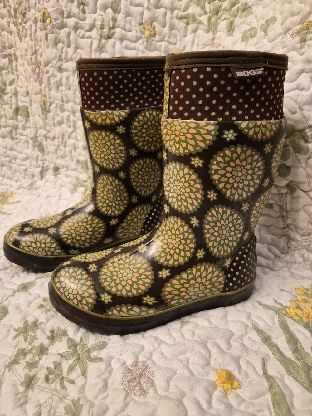 BOGS Floral Polka Dot Rain Boots - Brown & Green